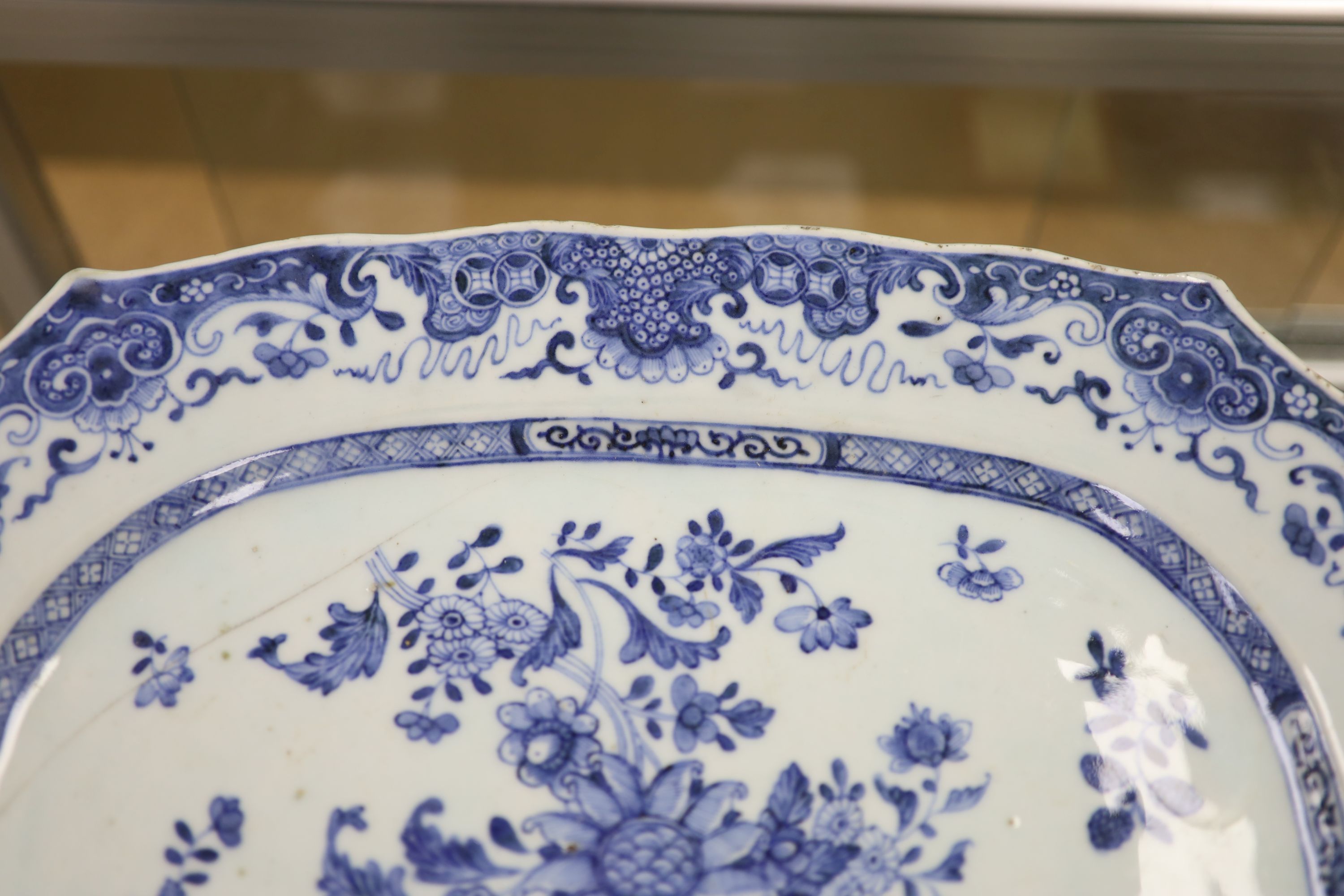 Two 18th century Chinese blue and white meat dishes, length 38.5cm